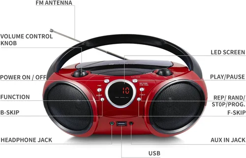 Vista 7 de SINGING WOOD 030B - Reproductor de CD portátil con Bluetooth para radio estéreo AM FM en el hogar, línea auxiliar, conector para auriculares, CA