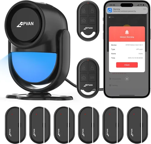 Vista 11 de CPVAN Alarma de Sensor de Movimiento de Alto Volumen de 125dB con Control Remoto de 328 pies (Detector PIR de 40 pies, Baterías), Detector