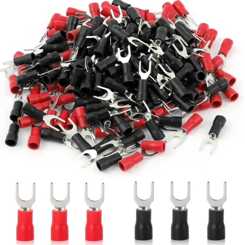 Vista 8 de 100 piezas 12-10 AWG Conectores de cable con anilla de horquilla y pala, tipo U, eléctricos, con aislamiento negro y rojo, terminales de crimpado