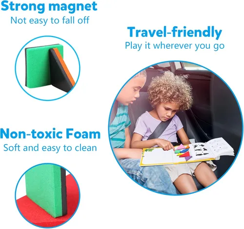 Vista 4 de Vanmor Rompecabezas de Tangram de viaje, 3 juegos de tangram magnético con solución 240, bloques de patrón de forma Montessori, rompecabezas