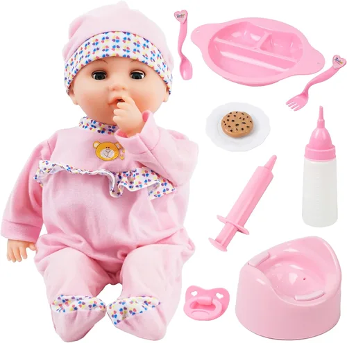 Vista 10 de Toy Choi's Muñeca de bebé interactiva, muñeca de alimentación que llora y habla de 16 pulgadas con diferentes sonidos y accesorios, juguetes Azul