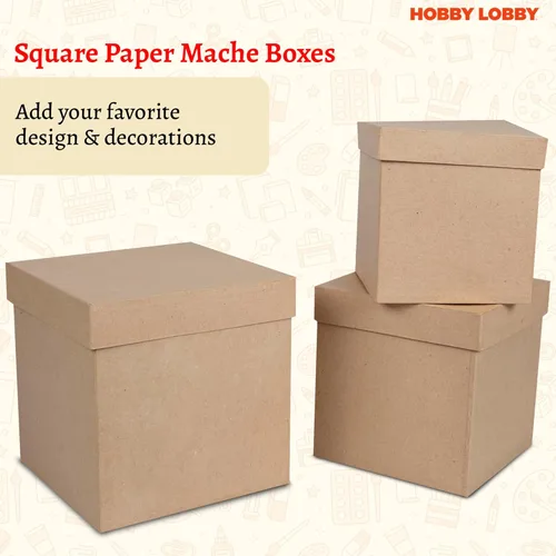 Vista 2 de Cajas de papel maché cuadradas con tapas (juego de 3) - Cajas de regalo marrón de papel kraft anidadas - Caja de papel maché apilable
