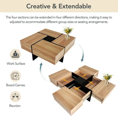 Vista 25 de P PURLOVE Mesa auxiliar para sala de estar, mesa de cóctel cuadrada con 4 compartimentos de almacenamiento ocultos y mesa deslizante extensible