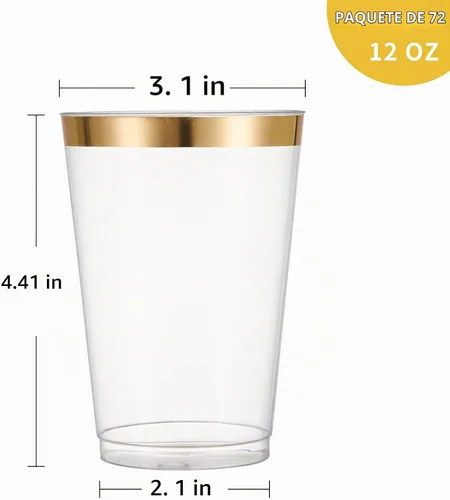 Vista 2 de N9R 72 vasos de plástico desechables con borde dorado y transparente, vasos Transparente con borde dorado.
