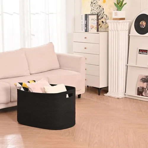 Vista 6 de ICERZCZ Cesta grande de manta negra, cestas de almacenamiento para mantas, cestas tejidas para almacenamiento, cesta de cuerda de algodón tejida