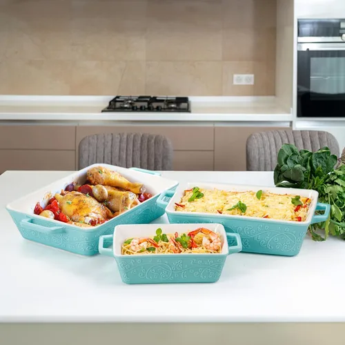 Vista 8 de Okllen Juego de 3 cazuelas para horno, platos de cerámica para hornear con asas, sartén rectangular para lasaña para hornear, asar, gratinar, regalo