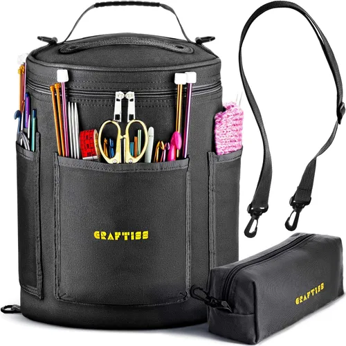 CRAFTISS Bolsa de tejer almacenamiento de hilo - Regalo de ganchillo - Soporte de hilo de lona duradero para accesorios de ganchillo - Bolsa Negro