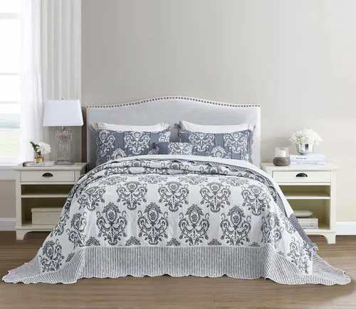 Vista 3 de HZ & HY - Juego de colcha de tamaño Queen extragrande, diseño de patrón damasco matelasse de jacquard, ligero, reversible, 5 piezas, 100% Azul Oscuro