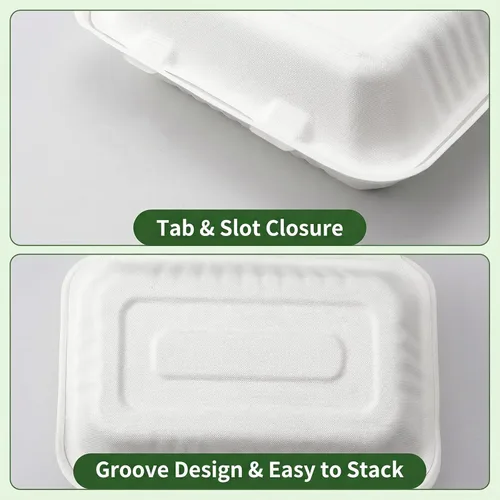 Vista 6 de Elsjoy Paquete de 90 recipientes para llevar con 2 compartimentos, contenedores de alimentos compostables con bisagras de 9 x 6 pulgadas, cajas