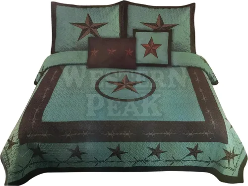 Vista 10 de Juego de edredón Western Peak de 5 piezas, estilo occidental, con cruz de Texas, diseño de alambre de púas, fundas para almohada, tamaño Beige