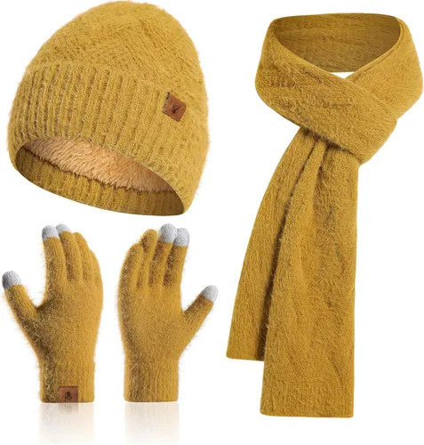 Vista 7 de Gorro de punto de invierno para mujer con guantes para pantalla táctil, gorro de pompón, bufandas para el cuello para hombres