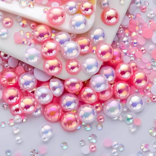 Vista 54 de 60g de perlas planas doradas con parte trasera de diamantes de imitación para manualidades, tamaño mixto de 3mm-10mm, color AB, redondas, cuentas