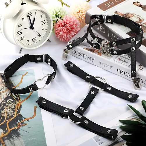 Vista 7 de 6 ligueros ajustables con clips antideslizantes, anillo elástico punk para muslo, liguero en forma de estrella en forma de corazón, 2 filas