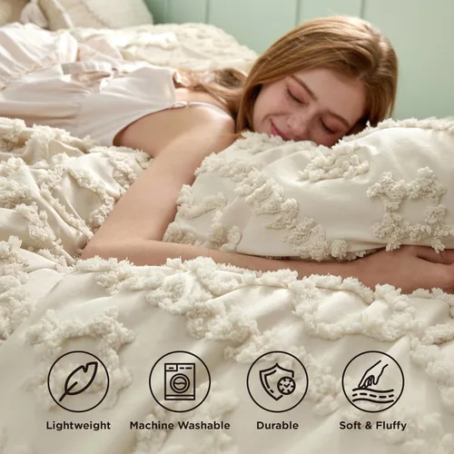 Vista 5 de Bedsure Juego de colcha acolchada bohemio y empenachado, beige, GentleSoft™, 2 piezas, estilo rústico desgastado, pero chic, bordado, regalo mujer