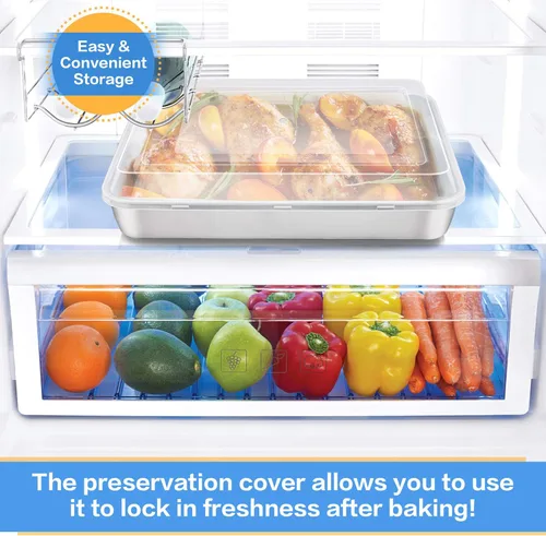 Vista 5 de E-far - Molde de acero inoxidable para hornear con tapa, 12⅓ x 9¾ x 2 pulgadas, moldes rectangulares para pastel de lámina con cubiertas, utensilios