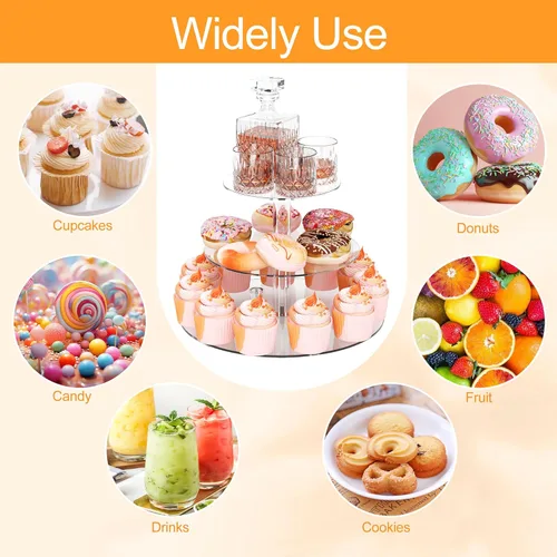 Vista 7 de Soporte acrílico para cupcakes, soporte transparente de exhibición de postres con base para bodas, fiestas, baby shower, reuniones, 3 niveles