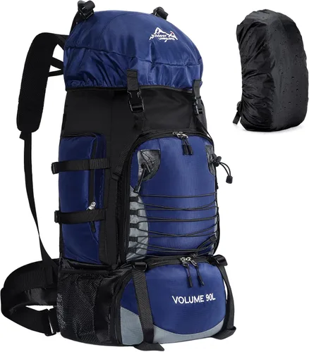 Vista 8 de Mochila de senderismo de 90L, bolsa de camping impermeable con cubierta de lluvia, mochila ligera para mochileros, sin marco