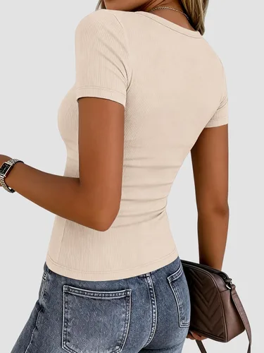 Vista 6 de Zeagoo Camiseta básica elástica de manga corta acanalada con cuello redondo Beige