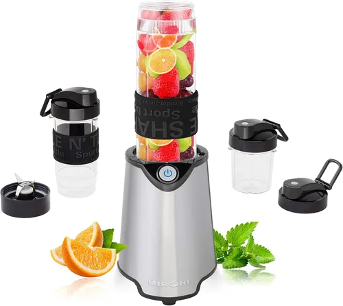 Mironi minilicuadora personal para hacer licuados y smoothies con taza trituradora, 2 botellas licuadoras y libro de recetas (versión inglés), Acero