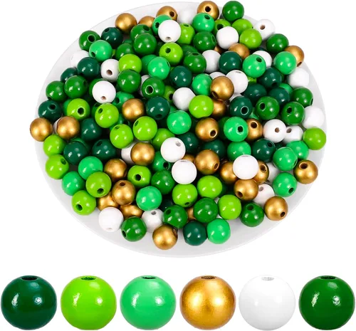 Vista 13 de Whaline 16mm 240Pcs Cuentas de madera rústicas de otoño con agujeros para decoración de granja, cuentas redondas naturales naranja azul verde