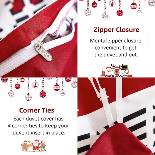 Vista 5 de WONGS BEDDING Juego de funda de edredón de Navidad tamaño individual, 2 piezas, estampado de copos de nieve y ciervos rojos, funda de edredón