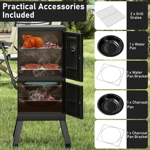 Vista 7 de Happygrill Parrillas de carbón, parrilla vertical de 40 pulgadas con termómetro integrado, amortiguadores de aire ajustables, bandeja de agua