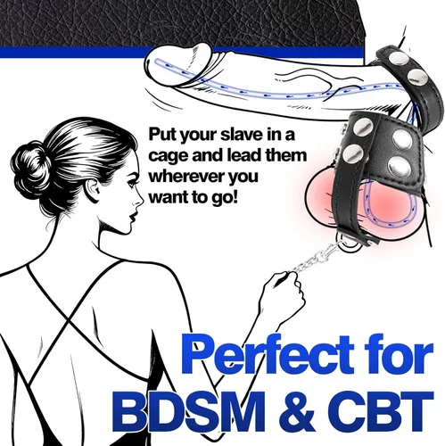 Vista 2 de Correa de cuero para jaula de castidad con cadena, jaula suave para la polla ajustable, juguetes de mariquita ajustable, cinturones de castidad