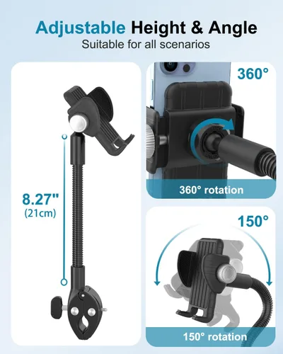 Vista 2 de Soporte de teléfono con cuello de cisne para silla de ruedas, cochecito, barco, cinta de correr, bicicleta giratoria, soporte de micrófono