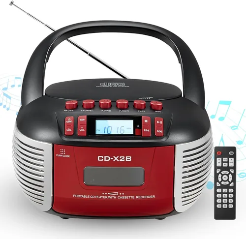 Combo de reproductor de CD y cassette, reproductor de CD portátil Boombox con radio Bluetooth/FM/AUX/USB/control remoto, grabación de cinta para