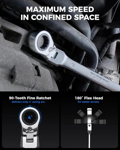 Vista 3 de toolant Juego de 12 llaves de trinquete SAE, juego de llaves combinadas de trinquete de cabeza flexible con diseño de interruptor, 1/4"-7/8", 90