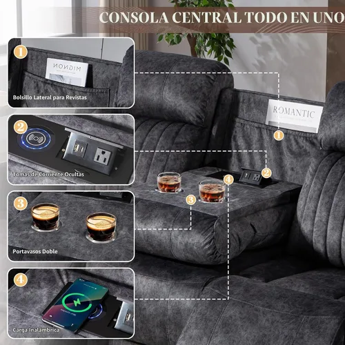 Vista 6 de Sofá biplaza reclinable eléctrico Zero Gravity con reposacabezas ajustables, sillón reclinable eléctrico con consola, sofá reclinable eléctrico de 2
