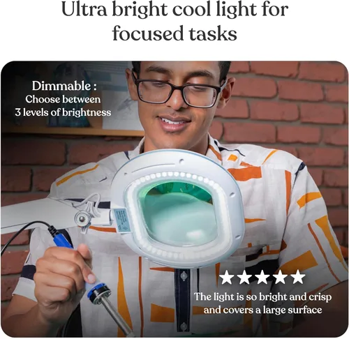Vista 3 de Brightech LightView Pro XL - Lámpara de escritorio con aumento con abrazadera, lupa ajustable con luz LED para manualidades, lectura, trabajo