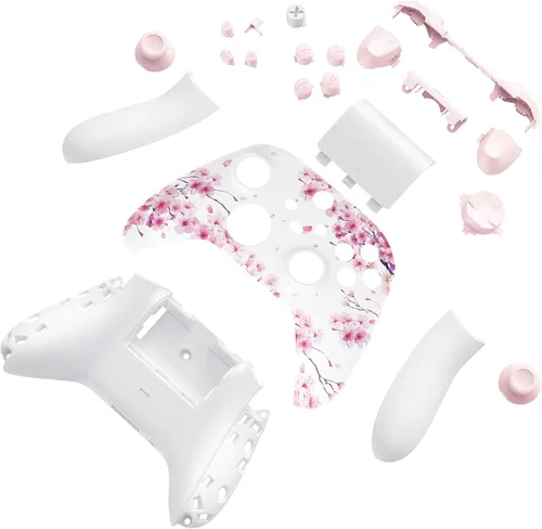 Vista 8 de eXtremeRate Full Set Shell Buttons for Xbox Series X & S Controller, Cherry Blossom Whisper Custom Replacement Side Rails Grips Front Back Plate