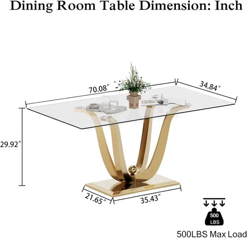 Vista 2 de Mesa de comedor de vidrio de 70 pulgadas para 4-8 personas, parte superior de vidrio templado y base de acero inoxidable en U dorada, escritorio