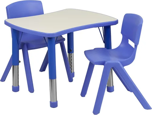 Flash Furniture Emmy - Juego de mesa rectangular de plástico azul con 2 sillas, 21.875 pulgadas de ancho x 26.625 pulgadas de largo, color azul