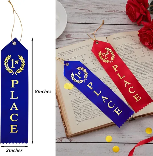 Vista 2 de Outus 18 piezas de cintas de premio 1er, 2º, 3er lugar conjunto con tarjeta plana premios de primer lugar con tarjeta de evento y cuerda para día