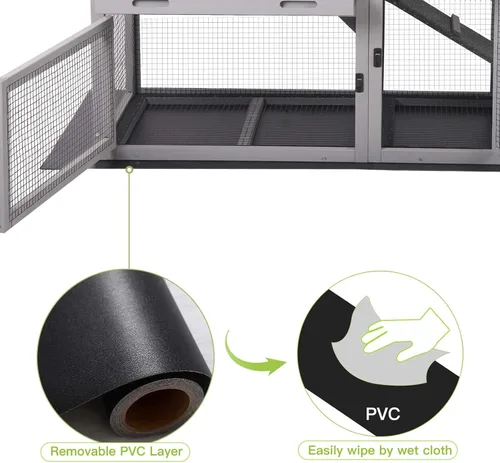 Vista 3 de Conejera de interior y exterior, madriguera con puerta para ventilación, conejera de madera con bandeja para no derramar, malla de alambre inferior