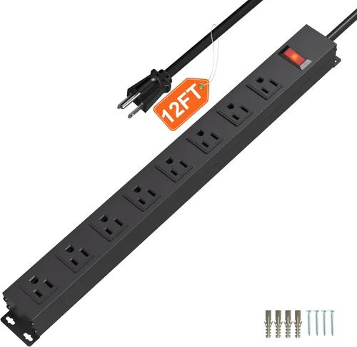 Regleta de alimentación de metal resistente de 8 salidas con cable de alimentación de 14 AWG de 12 pies, enchufes espaciados amplios, regleta larga