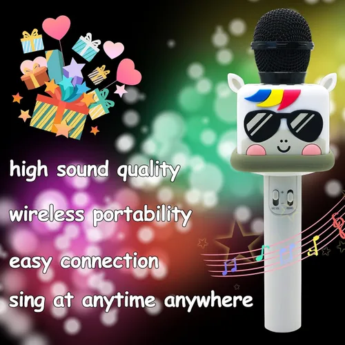 Vista 2 de Micrófono de karaoke para niños y niñas, máquina de micrófono de juguete inalámbrico con 4 cambios de sonido, regalo de canto de mano, para Navidad