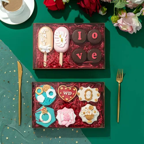 Vista 3 de RomanticBaking Paquete de 24 Cajas de Galletas de 9 1/2" x 6" x 1 1/4" en Oro Cajas de Macarrón para 12 Cajas de Panadería Transparentes Cajas