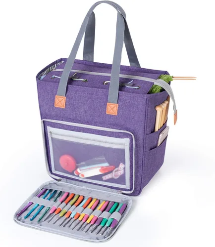Vista 10 de LUXJA Bolsa de tejido de punto, bolsa de almacenamiento de hilo para llevar proyectos, agujas de tejer, ganchos de ganchillo y otros accesorios, gris