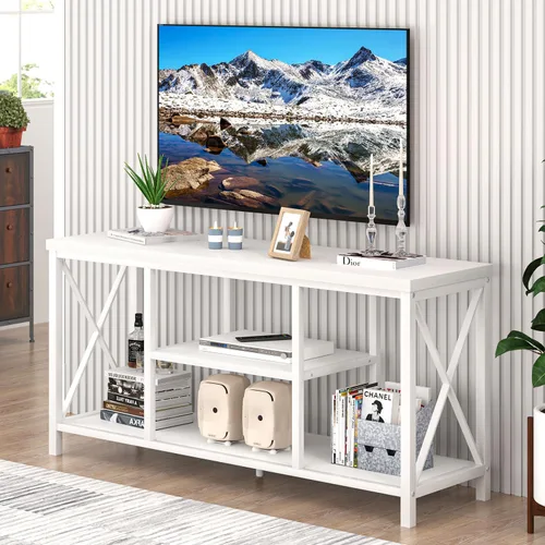 Vista 14 de EXCEFUR Moderno centro de entretenimiento para televisores de hasta 55 pulgadas, soportes de TV de madera con estantes de almacenamiento, mesa
