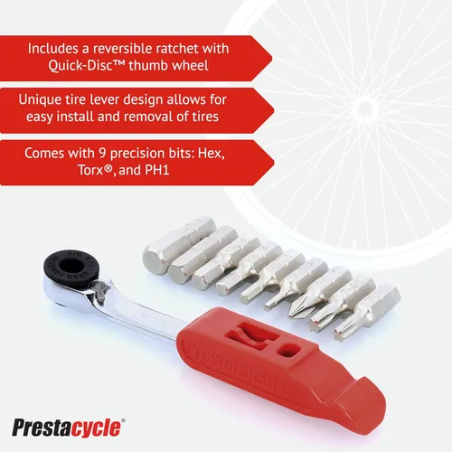 Vista 3 de Prestacycle Prestaratchet GO 5 en 1 Kit de herramientas múltiples para bicicleta, llave de trinquete, palanca de neumáticos, removedor de eslabones
