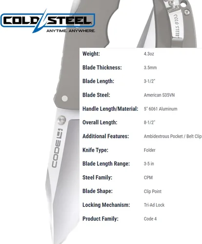 Vista 6 de COLD STEEL Code 4 S35VN - Cuchillo plegable táctico con mango de aluminio 6061 de 3.5 pulgadas con mecanismo de bloqueo Tri-Ad