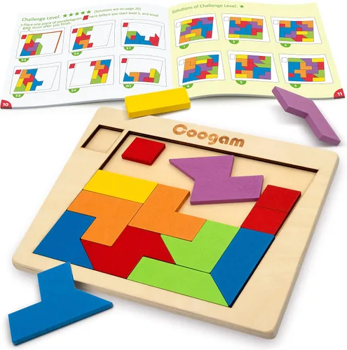 Coogam Bloques de rompecabezas de madera geométricos Tangram Rompecabezas 3D Juego de lógica IQ Juego de forma y patrón de colores Montessori STEM