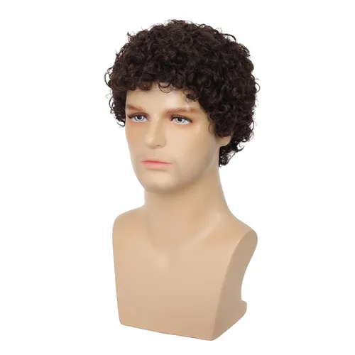 Vista 30 de Swiking Peluca rizada tipo afro marrón para hombre, peluca rockera de California para Halloween, cosplay, pelucas completas