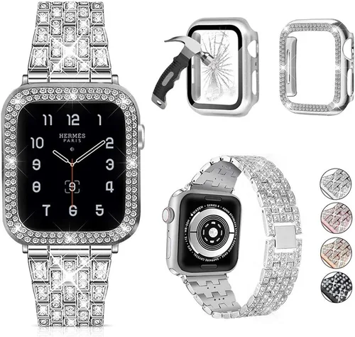 Vista 19 de JOHIPI Correa de reloj unisex, 1.575 pulgadas, acero inoxidable, diamantes de imitación, vidrio templado protector, adecuado para Apple Watch