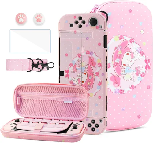 Vista 16 de HYPERCASE 8 in 1 Cute Anime Switch OLED Accessories Bundle, with Pink Switch OLED Carrying Travel Case, Hard PC Protective Cover Skin, HD Screen