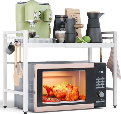 NETEL Soporte Expansible para Microondas, Estantes Organizadores de 2 Niveles de Metal para Encimera de Cocina con 8 Ganchos, Estante para Pasteles,
