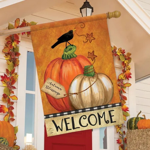 Vista 2 de Briarwood Lane Bandera de casa de 40 x 28 pulgadas para exteriores rústicas calabazas otoñales